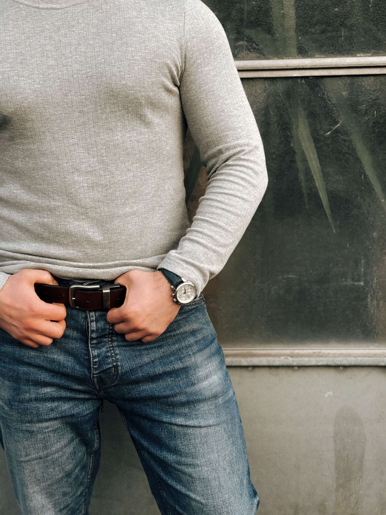 Grey Ribbed Long-Sleeve Top